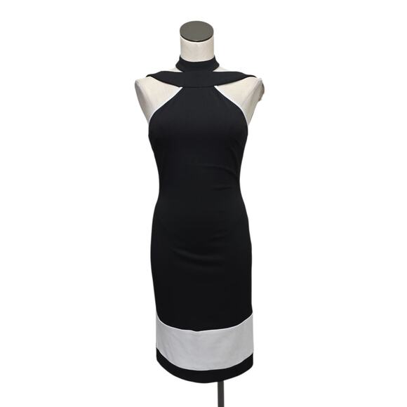 NWT Bebe Black & White Piping Halter‎ Top Dress Size Small Strappy Midi Sheath - Picture 1 of 10